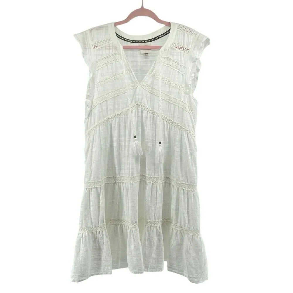 Knox Rose White Boho Lace Trim Tiered Short Dress Tassel Tie Size Large - Picture 2 of 14